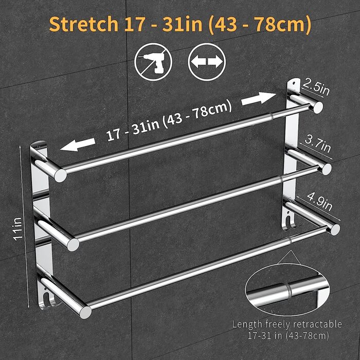 Еластична вішалка для рушників для ванної, кухні, вішалка для рушників, кухонні рушники, вішалка, нержавіюча сталь SUS304, нержавіюча сталь, настінне кріплення, без свердління, регульована (1 стрижень) (ТРИ штанги)
