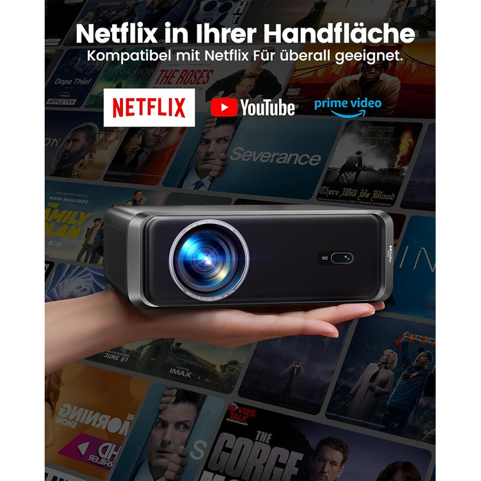 4K проєктор Smart Beamer з Netflix, Dolby Audio, 1000 ANSI люмен. Підтримка автофокусу, корекції трапеції 6D, WiFi 6/Bluetooth. Підходить для Android/iPhone, для дому та на вулицю. Чорний.