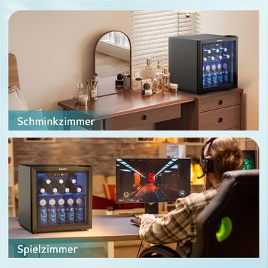 Міні-холодильник EUHOMY для напоїв на 55 банок з скляною дверцятами, чорного кольору, 36 л, для офісу, кімнати, бару, з LED-підсвіткою, 43 дБ