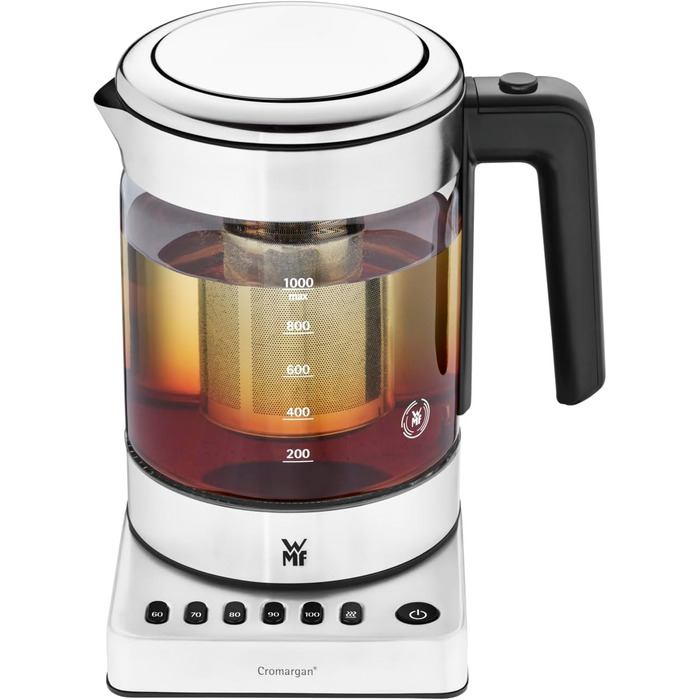 Електричний чайник-заварник WMF Küchenminis 2 в 1 з регулюванням температури, 1 л, 1900 Вт, скло, з тримачем для чайних пакетиків та ситом