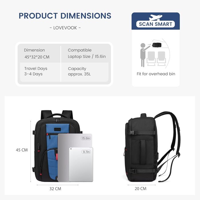 LOVEVOOK Рюкзак для ручної поклажі в літак, дорожній рюкзак чоловічий/жіночий, великий, з відділенням для ноутбука, 40л, для подорожей, роботи, бізнесу (Чорно-синій, L (45 x 32 x 20 см))