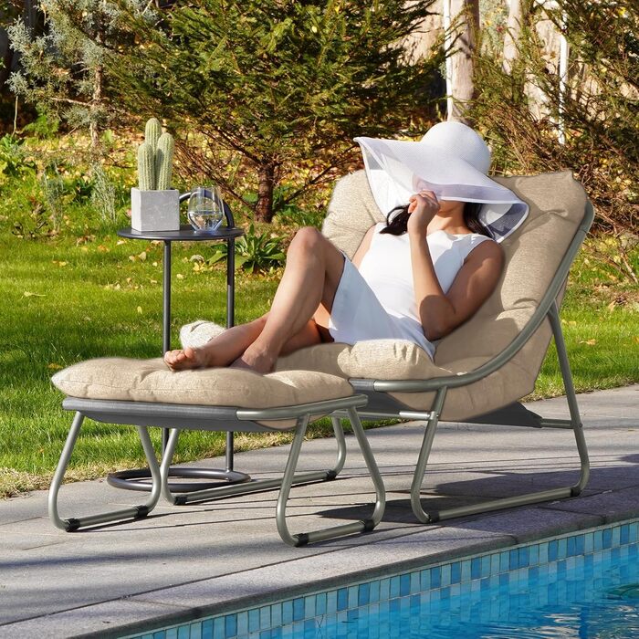Крісло-гойдалка Grand Patio для вулиці з приставними столиками та подушками. Металеве крісло-шезлонг для саду, вітальні, двору, тераси та балкону. Максимальне навантаження 150 кг (3 шт., кольорът шампань).