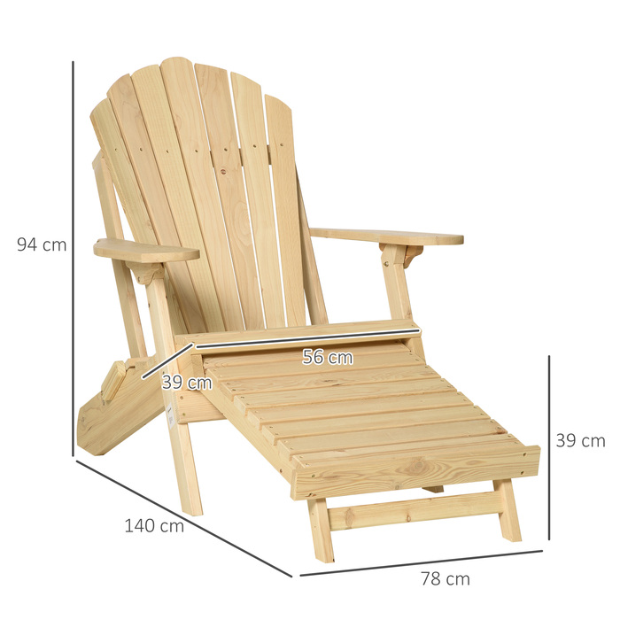 Садове крісло Outsunny Adirondack складне з підставкою для ніг 78 x 140 x 94 см з деревини сосни, зручний садовий шезлонг для вуличних меблів