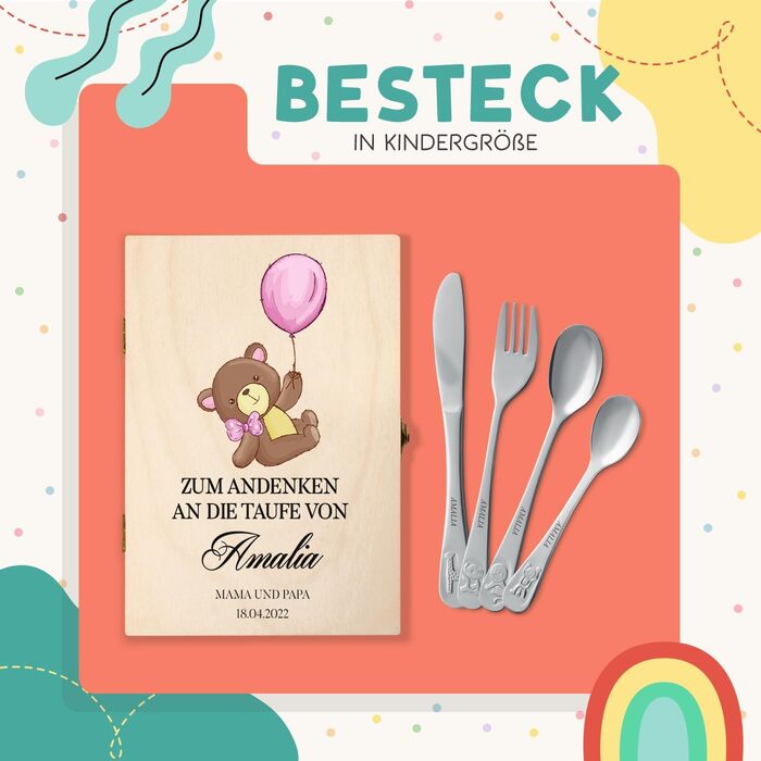 Набір дитячого столового прибору Maverton Kinderbesteck з гравіюванням та дерев'яною коробкою з малюнком тварин - з нержавіючої сталі, коричневий - подарунок для дівчинки на день народження, хрещення, народження - різдвяні подарунки - плюшевий ведмедик