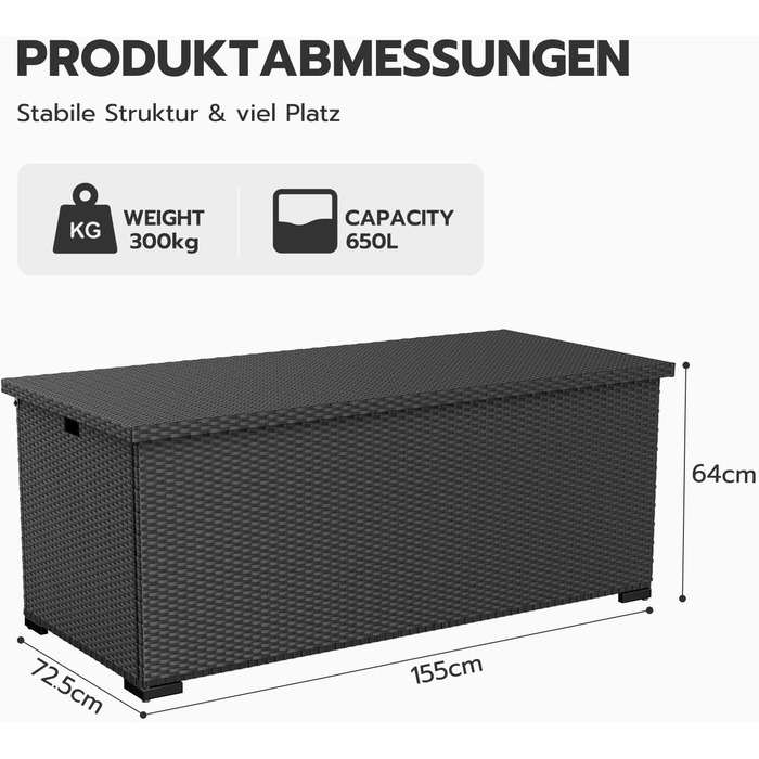 Скриня для подушок садових Polyrattan Amopatio 650л, водонепроникна, з газліфтом, чорна. Ящик для зберігання речей на вулиці для саду, балкону