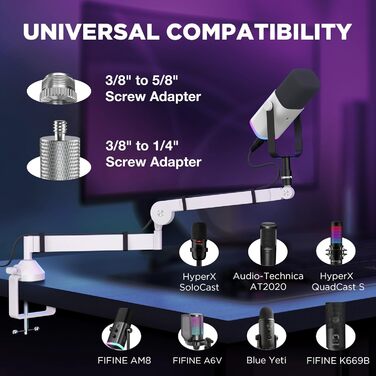 Стійка для мікрофона InnoGear низькопрофільна, поворотна на 360°, сумісна з Fifine, Blue Yeti, HyperX, AT2020 - біла