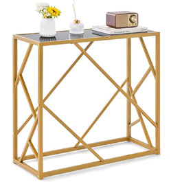 Консольний стіл Gold, Стіл для передпокою 80 см з металевим каркасом, Вузький сервант Бічний столик із загартованим склом, Стіл для вітальні для вітальні, Передпокій, Передпокій
