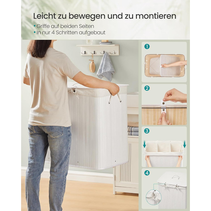 SONGMICS Кошик для білизни з кришкою, 2 відділення, бамбук, складний, знімний мішок для прання, з ручками, 170 л, білий