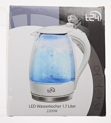 Скляний чайник T24 зі світлодіодним склом 1,7 л, світлодіодне освітлення, 2200 Вт, сертифікат TV GS, білий