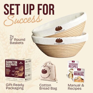 Набір для випічки закваски Superbaking: 2 корзини для розстойки (22.9 см, 25.4 см) та стартер, комплект для приготування заквасочного хліба