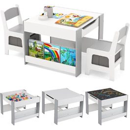 Дитячий стіл LIFEZEAL 3 в 1 з 2 стільцями: стіл для малювання, активностей та обідній стіл. Дитяча меблева група з дерева з місцем для зберігання (сірий)