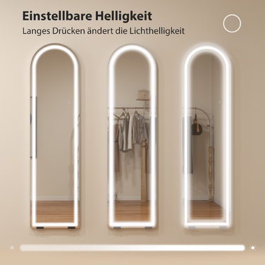 Дзеркало повного тіла з LED-підсвіткою, 150 x 40 см, арочної форми, з регулюванням яскравості, 3 колірні режими, може встановлюватися на підлозі або кріпитися до стіни, білий