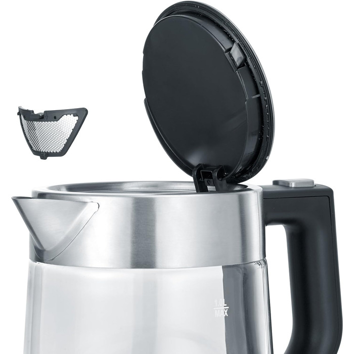 Скляний чайник, потужний і компактний чайник у високоякісному дизайні, електричний чайник з фільтром з вапна, нержавіюча сталь/чорний, WK 3468, 1-літровий чайник