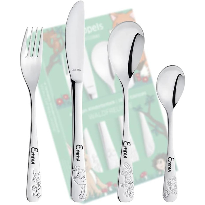 Набір дитячого посуду Kinderbesteck з гравіюванням 'Друзі лісу', 4 шт. з іменем, з нержавіючої сталі