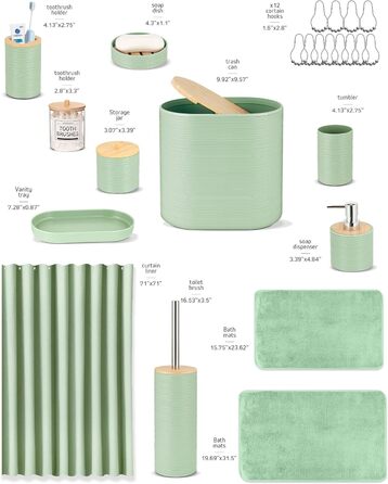 Набір аксесуарів для ванної кімнати IMAVO, 9 предметів: сміттєвий бак, дозатор мила, мильниця, тримач для зубних щіток, стакан для зубних щіток, тримач для унітазного йоржика, дозатор для ватних паличок (зелений, 26 предметів + шторка для душу з текстурою