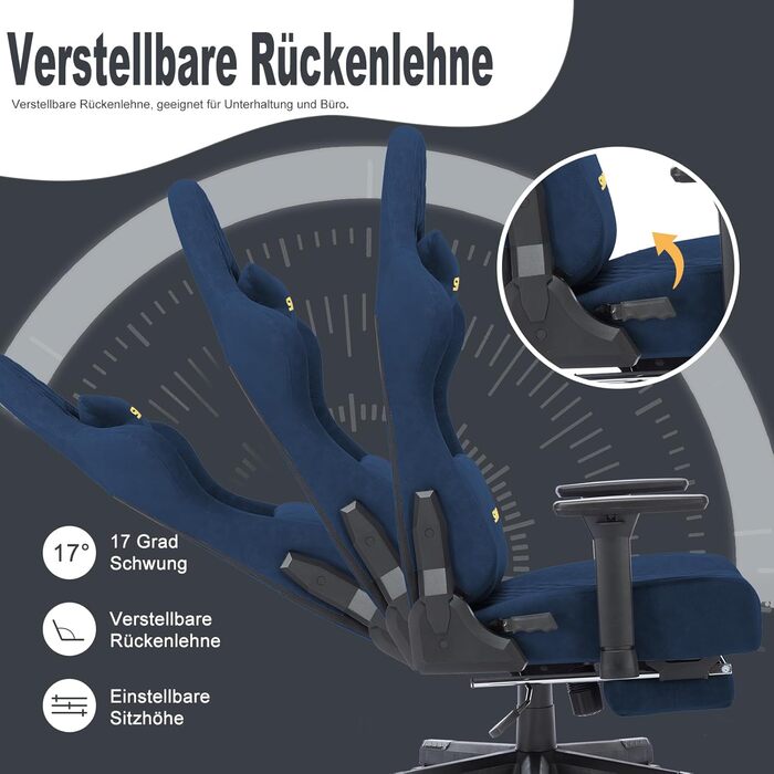 Ігровий крісло Symino, ергономічне, з дизайном гоночного авто, для ПК, вінтажне, з регульованою підніжкою, оббивка з PU-шкіри (блакитний)