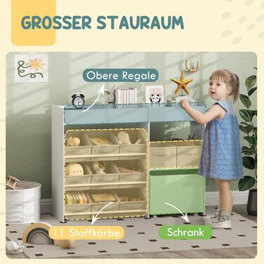 Дитяча полиця AIYAPLAY з 11 ящиками для зберігання, книжкова полиця для дітей, органайзер іграшок, полиця для дитячої кімнати з верхніми секціями, 3 наклейки для дитячої кімнати/садочка, 105 x 30 x 80 см, білий