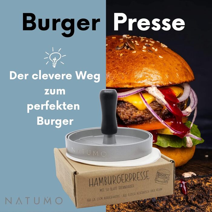 Набір пресів для бургерів NATUMO з паперу для пресування гамбургерів і бургерів (50-кратна розділова папір), формувальна машина для бургерів з алюмінієвого сплаву (діаметр 11 см, 200 г), Pro