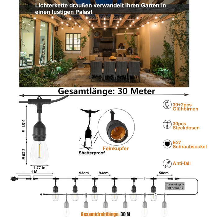 Ланцюжок прикрас для зовнішнього використання 30 м, ST45, LED, E27, тепле біле світло 2700K, IP65, вологостійкий, 30 x 1W, скляні лампочки S14 для вечірок та святкування