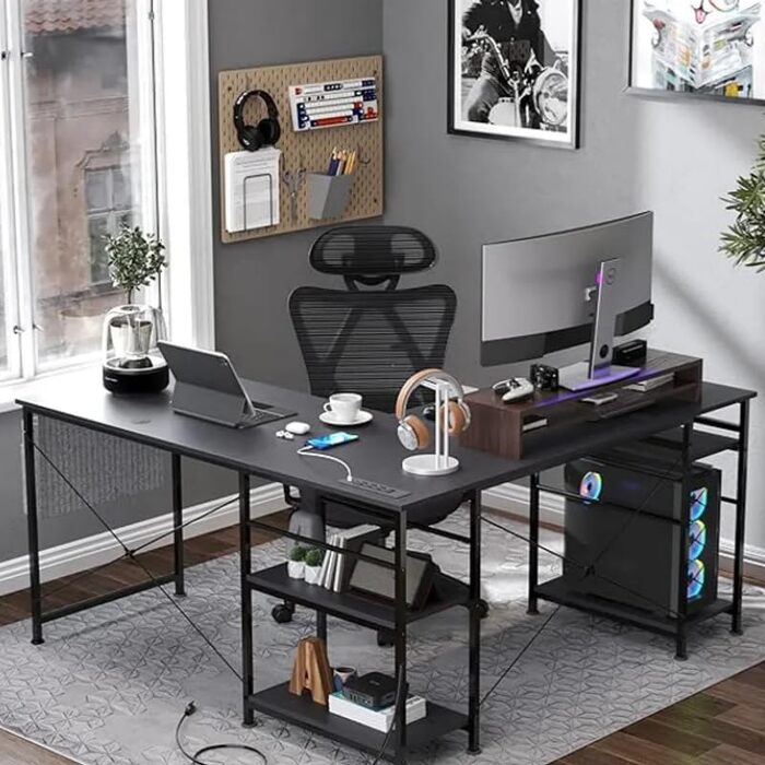 Ігровий кутовий стіл L-подібної форми з LED-підсвічуванням та розетками, 140x140 см, реверсивний комп'ютерний стіл з підставкою для монітора, 4 полиці та бічні кишені для дому та офісу (Чорний, 140x140x74 см)