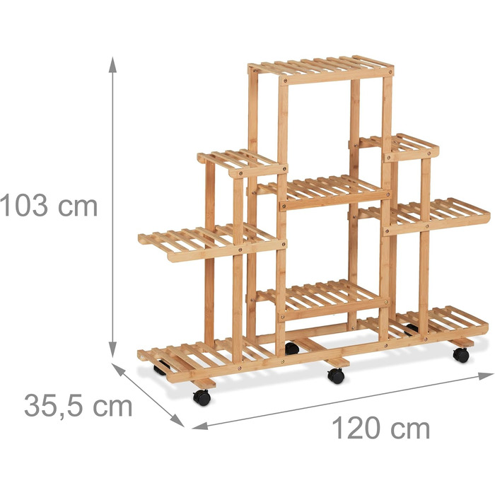 Полиця для рослин Бамбук, 9 полиць, з колесами, 103x120x35.5 см, Полиця для квітів всередині, натуральна