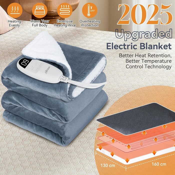 Електрична гріюча ковдра з автовимкненням 160x130 см, 9 температурних режимів, таймер, LED-дисплей, пральна, для софи, ліжка, офісу, подарунок, сірий колір