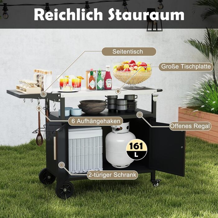 Grillwagen COSTWAY Outdoor: гриль-стіл з нержавіючою сталлю, відкидним бічним столиком, шафкою, 6 гачками та ручкою, до 100 кг, металевий столик для кемпінгу, пікніків, вечірок на відкритому повітрі, 127 x 50 x 84 см