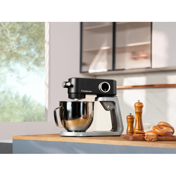 Кухонна машина 5л з місткою чашею з нержавіючої сталі, для тіста, піци, з таймером та 8 режимами. В комплекті: міксер, гак для тіста, вінчик, гнучкий вінчик. Чорний колір.