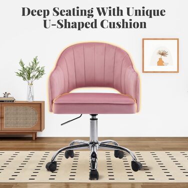 Крісло для офісу Fiximaster Homeoffice, крісло для робочого столу, обертове, регульоване по висоті, з велюру, ергономічне, для робочого кабінету/спальні, до 113 кг, рожеве