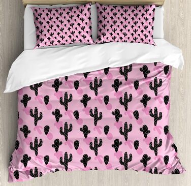 Набір підковдр для кактусів Двоспальне ліжко, мексиканська флора в мультяшному стилі, м'яка форма Високоякісна підковдра з 3 предметів з 2 наволочками, 220 x 220 см - 75 x 50 см, рожевий чорно-білий