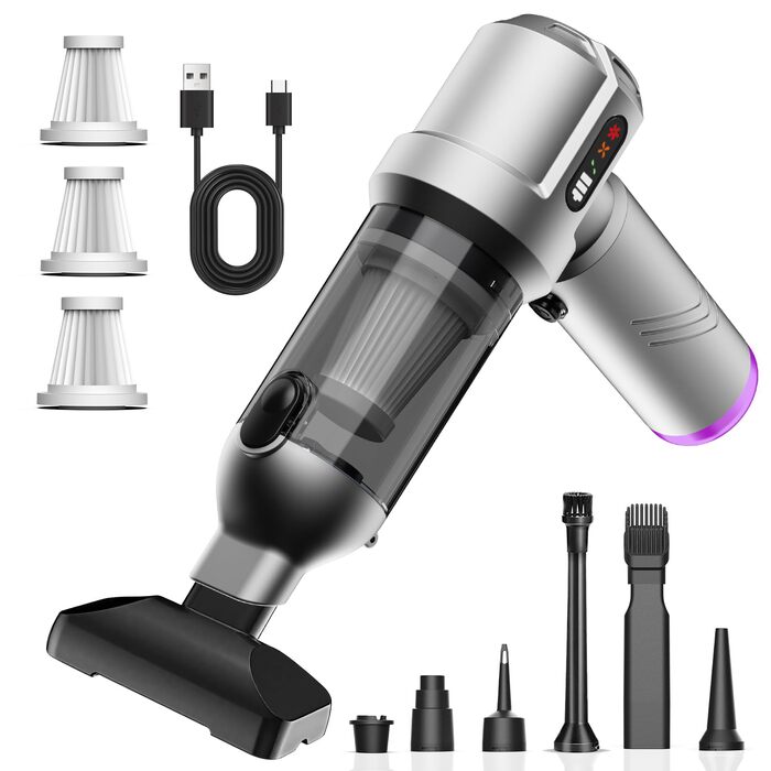 Акумуляторний ручний пилосмок 4 в 1, бездротовий портативний пилосос для авто та дому, 25000Па, з автоматичним очищенням та потужним всмоктуванням для шерсті тварин, сріблястий