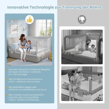 Бортик для ліжка WOLTU 150 см, захисний бортик для дітей та немовлят, регульована висота 69-87 см, тканина Оксфорд, металевий каркас, світло-сірий