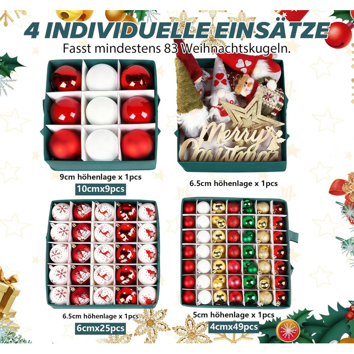 Коробка для зберігання новорічних прикрас, 166 відділень, з регульованими перегородками, кришкою та ручками, 31x31x30 см, червона, принт сніжинки, білий фон