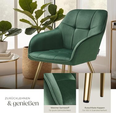 Крісло tectake® з оксамиту, сучасні кухонні стільці, крісло для вітальні, стілець для туалетного столика - (набір 1 шт, темно-зелений/золотий)