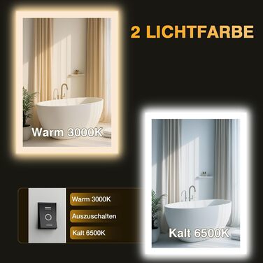 Дзеркало для ванної кімнати з підсвічуванням LED, антизапар, 2 кольори світла (3000K/6500K), вимикач-клавіша, прямокутне, 45 x 60 см