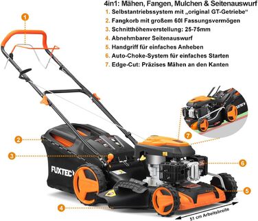 Бензокоса FUXTEC 4в1 FX-RM5196 з Edge-Cut: газонокосарка, 51 см, самохідна, 96 см3, великі колеса, 60л травосбірник