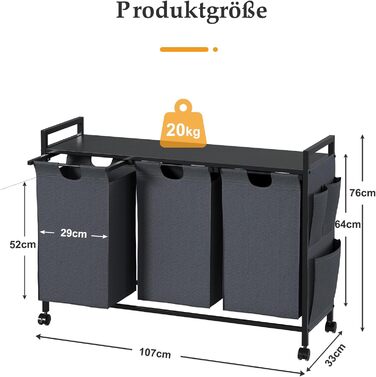 Кошик для білизни з кришкою, колесами, гачком, висувний, знімний, 2x46л, 3 відділення, темно-сірий