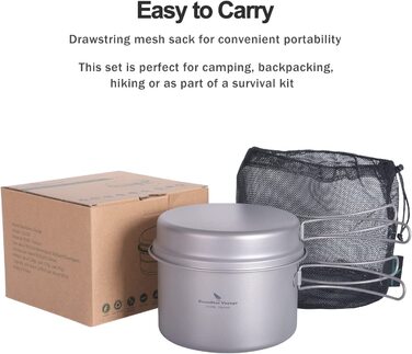 Набір кухонного посуду iBasingo Titan Topf Pfanne Set 1200мл & 500мл: каструля, сковорода, миска для кемпінгу, туризму, приготування їжі на природі. Легкий набір з 2 шт. з розкладним ручками. Ідеально для 1 особи. Ti2110C