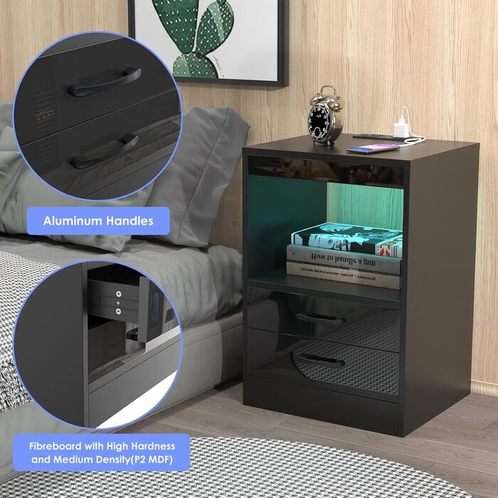 Тумба приліжкова чорна з LED-підсвіткою, 2 розетки, 2 USB, відкриті полиці та шухляда, 40x35x60 см, глянцева, для спальні