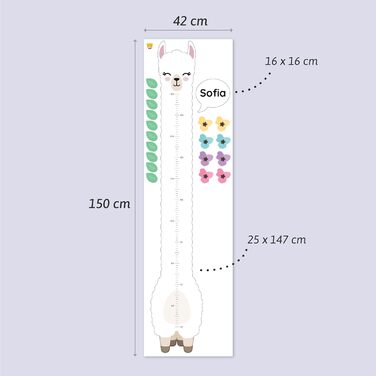 Персоналізована вимірювальна паличка як настінне татуювання для дитячої кімнати Для вимірювання висоти до 160 см Включаючи індивідуальну персоналізацію - лама