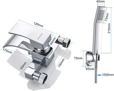 Набір для ванни з водоспадом: змішувач, душова лійка, шланг, кріплення для стіни (хром)