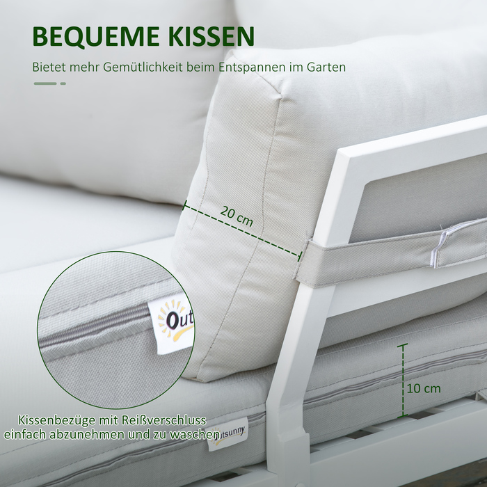 Набір садових меблів на 3 особи з приставним столиком, диван з подушками, у формі літери L, для зовні, алюміній, кремовий