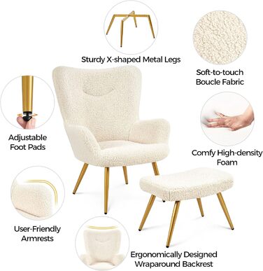 Крісло-мішок Yaheetech з пуфом, біле, з м'якою оббивкою з поліестеру. Крісло для відпочинку, телевізора, коктейлів.