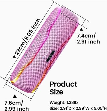 Портативна Bluetooth колонка з підсвічуванням та потужними басами, IPX7, 24h акумулятор, мікрофон, рожева