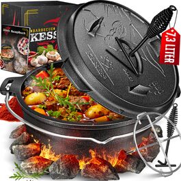 Набір чавунного казана KESSER Dutch Oven 7,3 л для барбекю та гриля, казан з кришкою, підставкою з нержавіючої сталі та ручкою-підйомником, для використання на вулиці та вдома