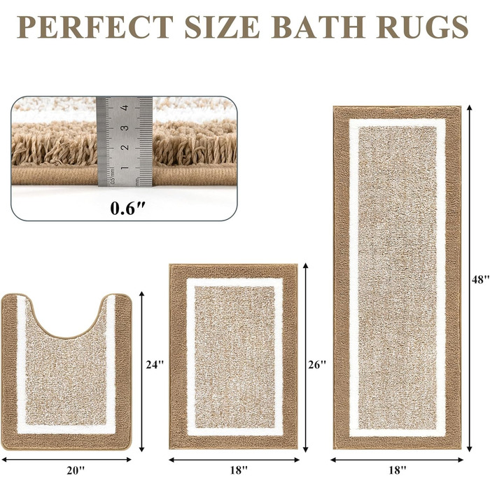 Набір килимків для ванної кімнати Pauwer: 3 шт. (душовий килимок, килимок для туалету), мікрофібра, плюш, антиковзаючі, машинне прання, 18'x26'+18'x48'+U Shape 20'x24', хакі