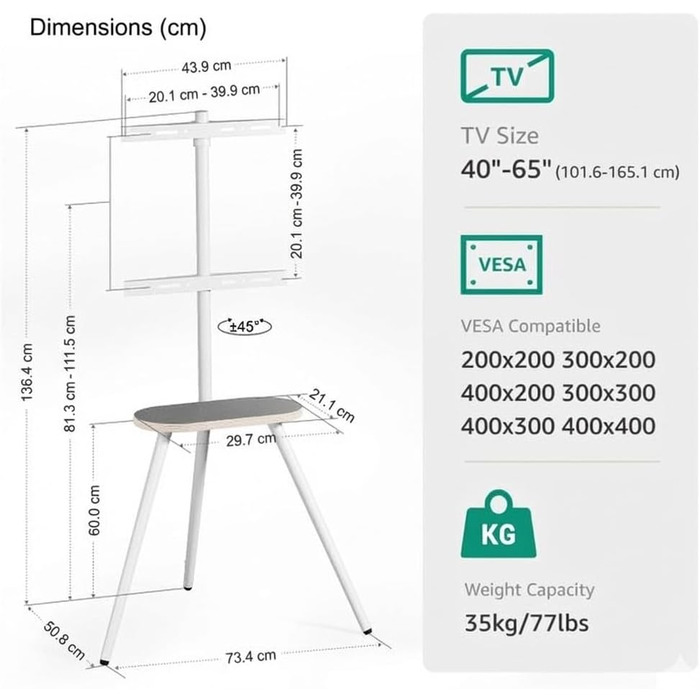 Настінна кріплення для телевізора 43-65 дюймів (LCD, LED, OLED) до 35 кг, регульована висота та поворотна, дерев'яна стійка з дерев'яним підносом, VESA 400x400 мм (білий глянц)