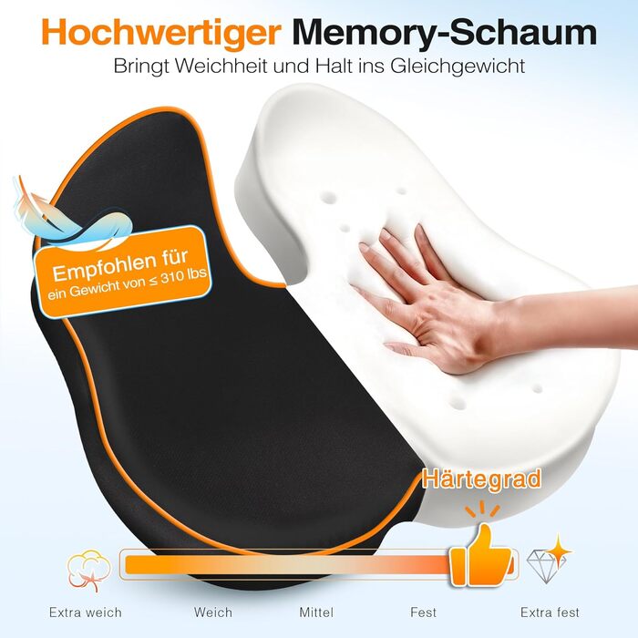 Ергономічна подушка для сидіння з Memory Foam для офісного крісла та авто, подушка для офісу, авто та дому, знімний чохол, протиковзаюча поверхня, розмір M (60–85 кг) (L-Extra Fest (110–140 кг))