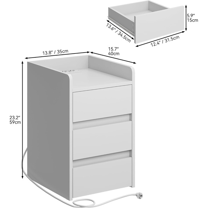 Тумбочка YITAHOME з 3 ящиками, зарядна станція, USB-порти, розетки, 35x40x60см (білий)