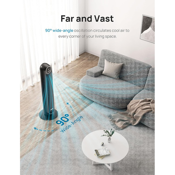 Dreo Smart Tower Fan - Безшумний вентилятор з керуванням через додаток та голосовим управлінням, 90° обертання, 4 режими, 4 швидкості, таймер 8 годин, Nomad One S, чорний